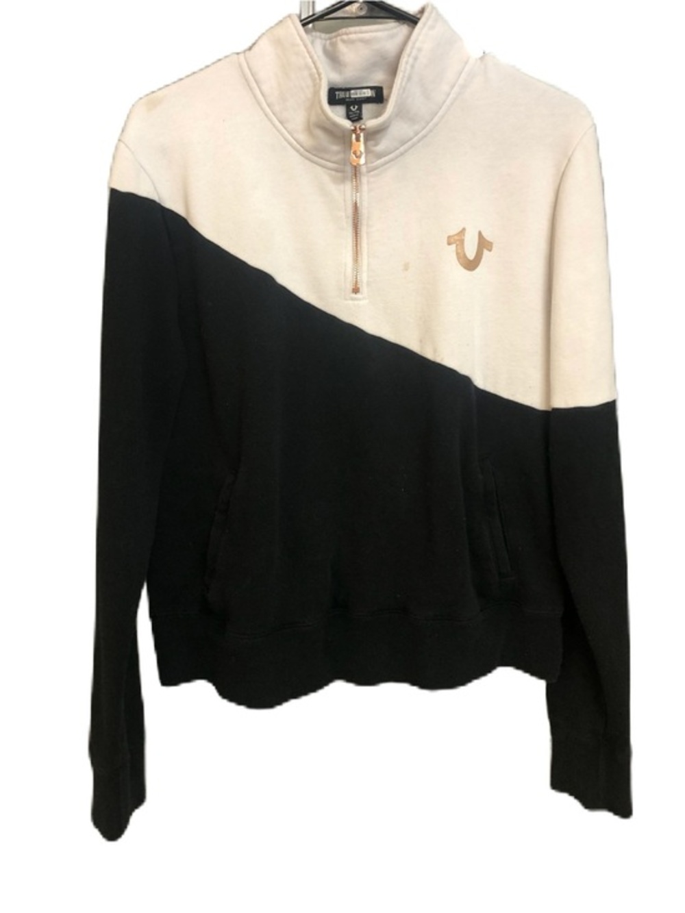 True Religion Diagonal Colorblock Half-Zip Pullover - Black & Cream Women’s XL
